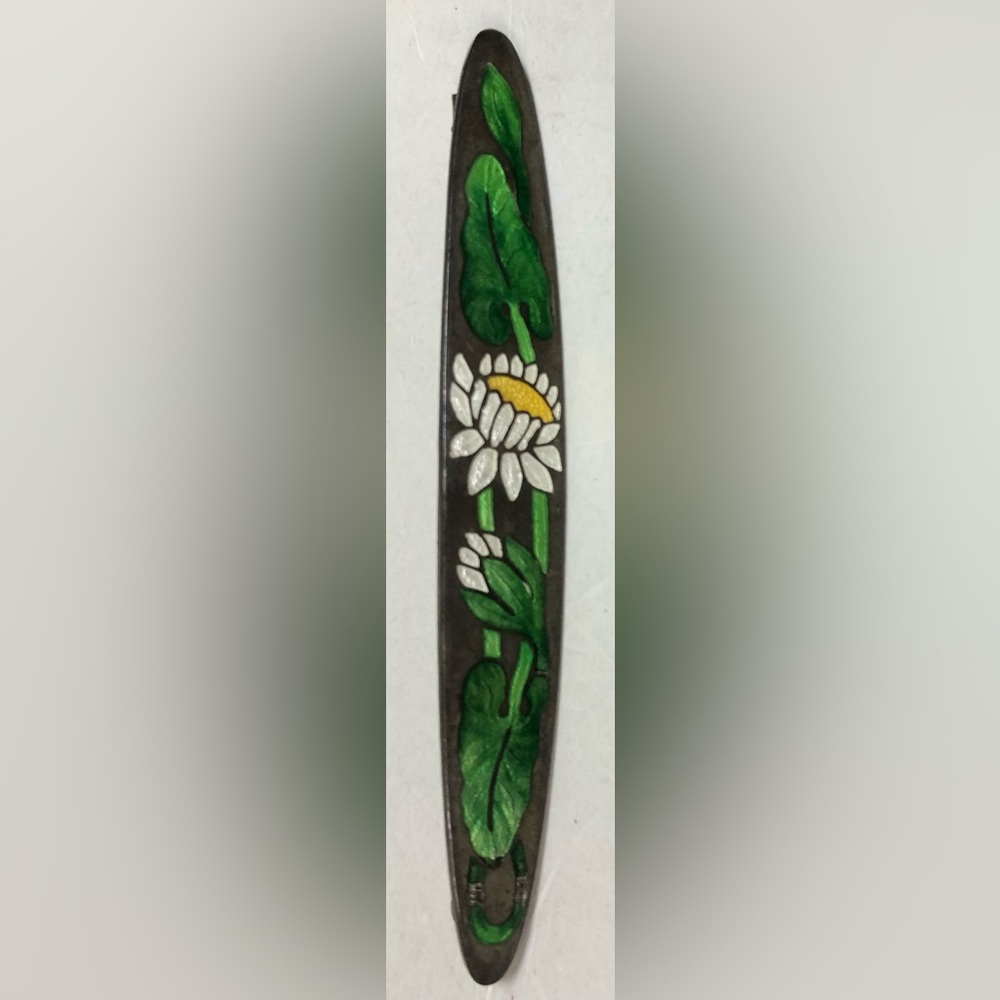 Antique Art Nouveau Sterling Painted DAISIES Bar Brooch Pin